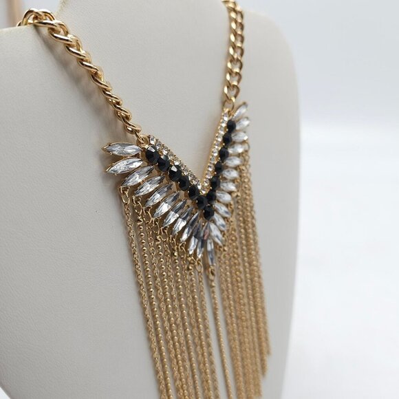 Guess Gold-Tone Fringe Statement Necklace With Black & Clear Rhinestones - Picture 2 of 8